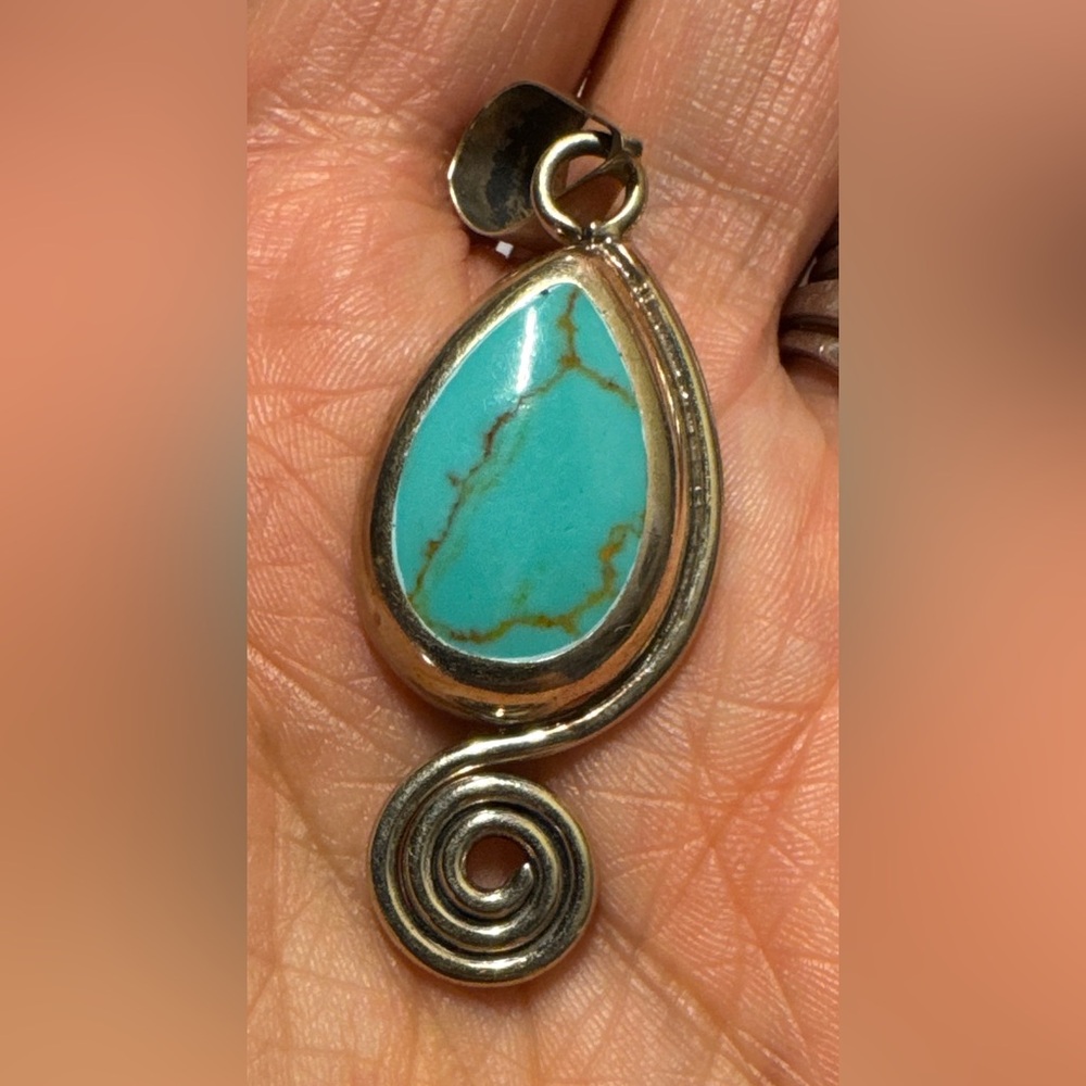 Turquoise Teardrop Pendant w/Swirl Stamped “Alpaca” On Back Of Pendant